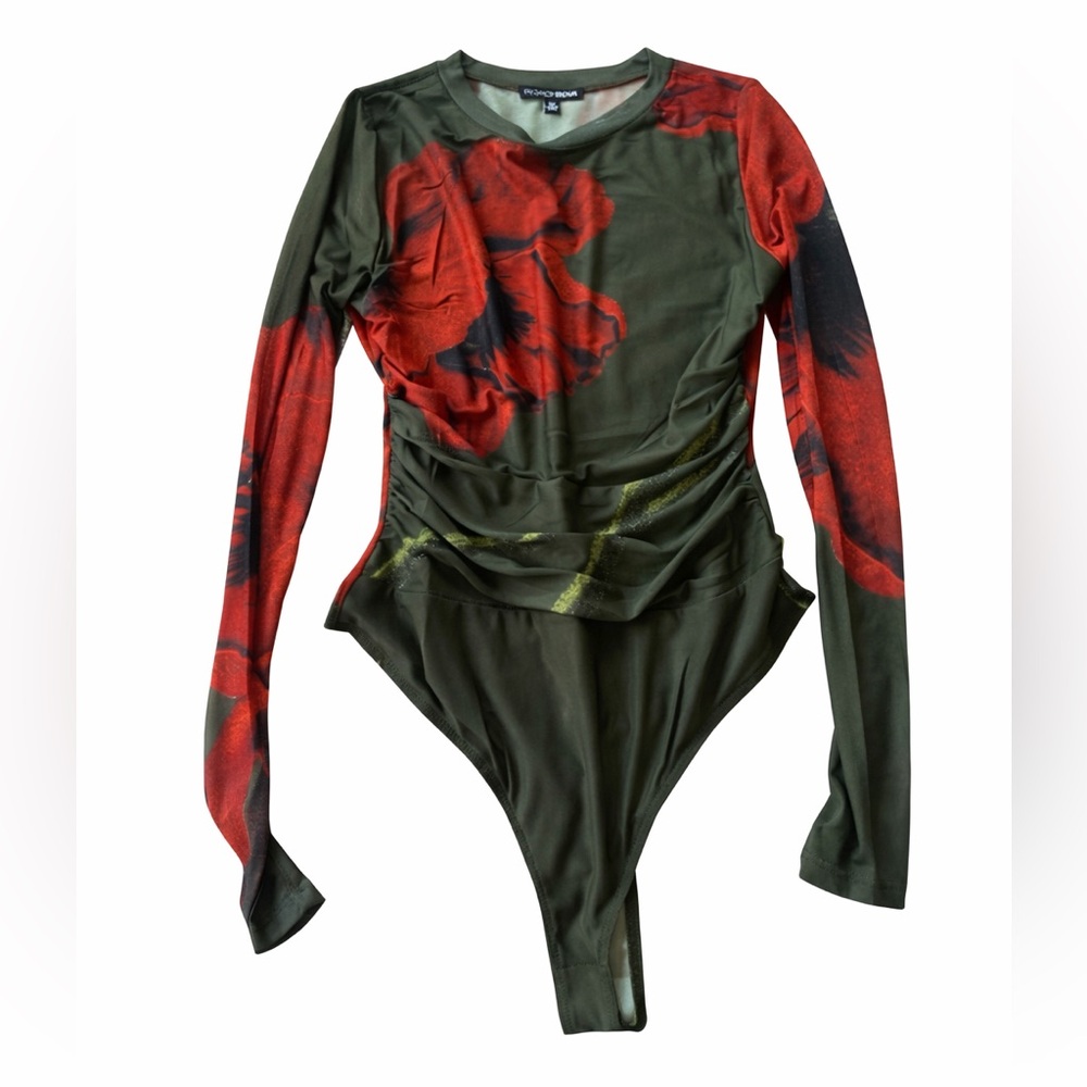 Olive Green and Orange Floral Bodysuit Fashion Nova Medium